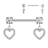 Round Prong Set CZ Ends & CZ Pave Hollow Heart Dangles Nipple Barbell