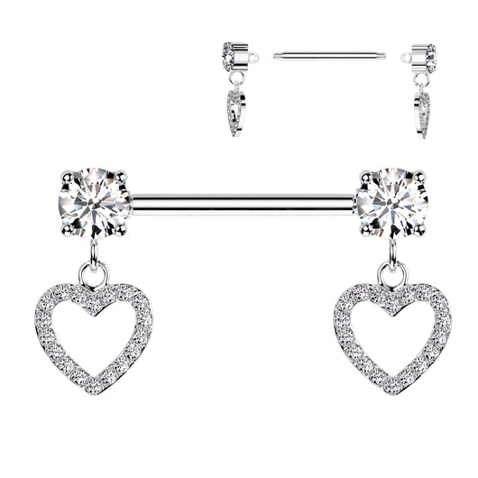 Round Prong Set CZ Ends & CZ Pave Hollow Heart Dangles Nipple Barbell
