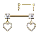 Round Prong Set CZ Ends & CZ Pave Hollow Heart Dangles Nipple Barbell