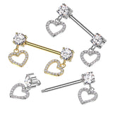 Round Prong Set CZ Ends & CZ Pave Hollow Heart Dangles Nipple Barbell