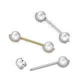 Pair Pearl & Half CZ Rim Edge Nipple Barbell