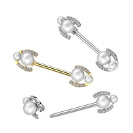 Pair Pearl & CZ Paved Horseshoe Edges Barbell Nipple Rings