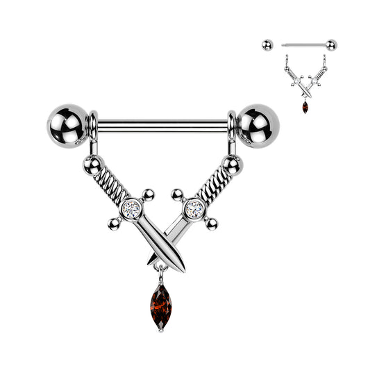 Pair Nipple Barbell With Crossed Daggers & Marquise CZ Dangle