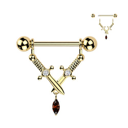 Pair Nipple Barbell With Crossed Daggers & Marquise CZ Dangle