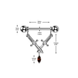 Pair Nipple Barbell With Crossed Daggers & Marquise CZ Dangle