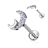 CZ Paved Crescent Moon Top Labret Tragus Snug Ear Cartilage Helix Studs