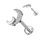 CZ Paved Crescent Moon Top Labret Tragus Snug Ear Cartilage Helix Studs