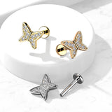 CZ Paved Butterfly Top Labret Tragus Snug Ear Cartilage Helix Studs