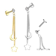 Crescent Moon & Star Chain Top Lip Labret Chin Ear Cartilage Tragus