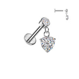 Internally Threaded Heart CZ Dangle Tragus Helix Ear Cartilage Studs