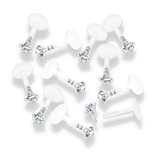 10 Pc Pack Prong Set Round CZ Top Push In Lip Labret Daith Tragus Helix