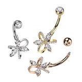 3 Marquise CZ and 3 Hollow Pave CZ Petals Belly Button Navel Ring