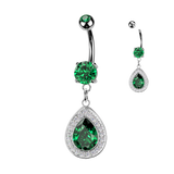 316L Double Jeweled Belly Button Ring With Teardrop CZ Dangle