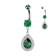 316L Double Jeweled Belly Button Ring With Teardrop CZ Dangle