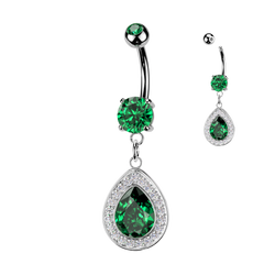 316L Double Jeweled Belly Button Ring With Teardrop CZ Dangle