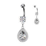 316L Double Jeweled Belly Button Ring With Teardrop CZ Dangle