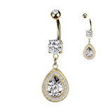 316L Double Jeweled Belly Button Ring With Teardrop CZ Dangle