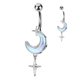 Aurora Borealis Crescent Moon With CZ Star Belly Button Navel Rings