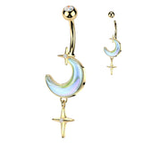 Aurora Borealis Crescent Moon With CZ Star Belly Button Navel Rings