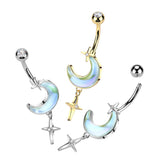 Aurora Borealis Crescent Moon With CZ Star Belly Button Navel Rings
