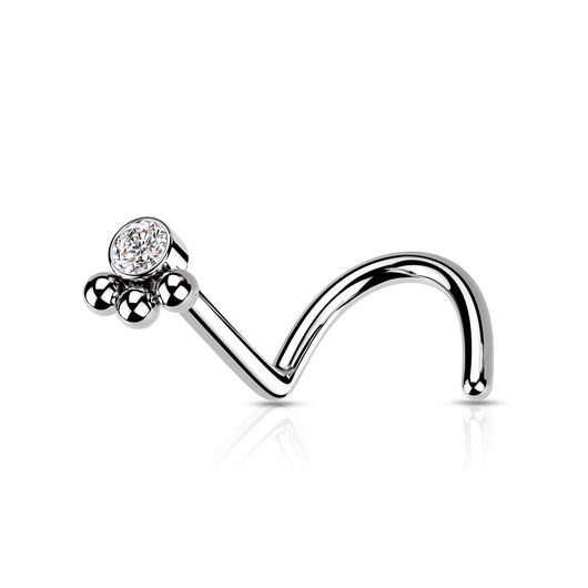 3 Beads Ball Cluster With Clear CZ Nose Screw Ring 18G