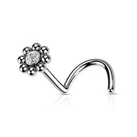 Beaded Ball Edge Clear CZ Nose Screw Ring 18G