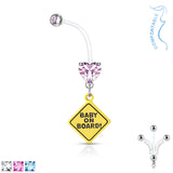 Prong Set Heart CZ Baby On Board Sign Pregnancy BioFlex Barbell Navel Belly Button Ring