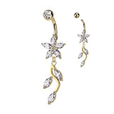 5 Marquise CZ Flower With Vine Dangle Belly Button Navel Rings