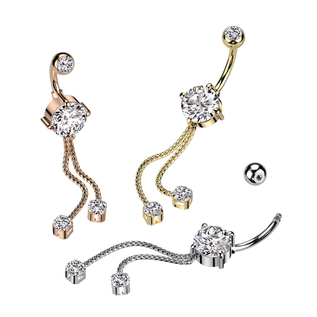 Double Jeweled CZ With 2 Rope Chain Dangle Belly Button Navel Rings ...