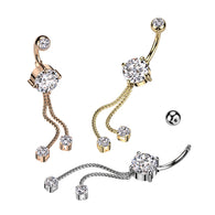 Double Jeweled CZ With 2 Rope Chain Dangle Belly Button Navel Rings