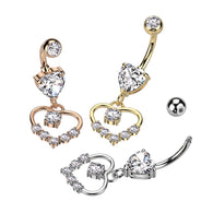 Heart Shaped CZ With Hollow Heart Pave Dangle Belly Button Navel Rings