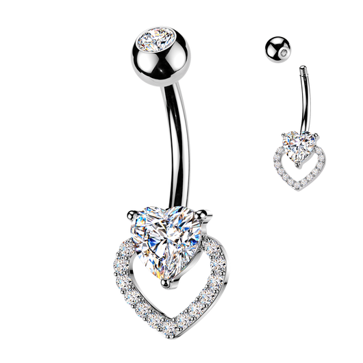 Prong Set Heart CZ & Pave Heart Belly Button Ring