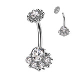 Round Bezel Set CZ & Ball Cluster And Beaded Ball Belly Ring