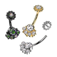 Round Bezel Set CZ & Ball Cluster And Beaded Ball Belly Ring