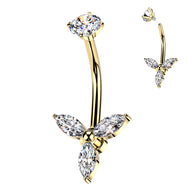 Marquise CZ Trinity Belly Button Ring With Round CZ Prong Set Top