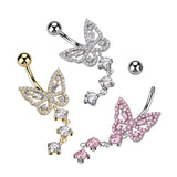 CZ Butterfly With 3 Round CZ Dangle Belly Button Navel Rings