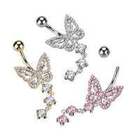 CZ Butterfly With 3 Round CZ Dangle Belly Button Navel Rings