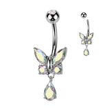CZ Butterfly With Tear Drop CZ Dangle Belly Button Navel Rings