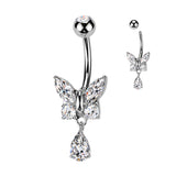 CZ Butterfly With Tear Drop CZ Dangle Belly Button Navel Rings