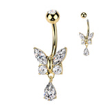 CZ Butterfly With Tear Drop CZ Dangle Belly Button Navel Rings
