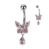 CZ Butterfly With Tear Drop CZ Dangle Belly Button Navel Rings