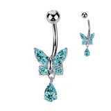 CZ Butterfly With Tear Drop CZ Dangle Belly Button Navel Rings