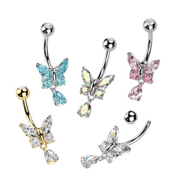 CZ Butterfly With Tear Drop CZ Dangle Belly Button Navel Rings