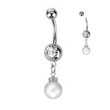 Double Jeweled Gem With Pearl Dangle Belly Button Ring