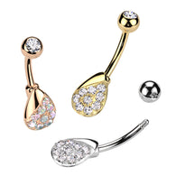 316L Surgical Steel Belly Ring With Pave CZ Teardrop