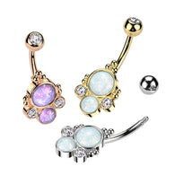 Surgical Steel Belly Ring With Double Opal & Round CZ