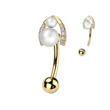 Surgical Steel Belly Ring With Double Pearl & CZ Horseshoe