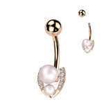 Surgical Steel Belly Ring With Double Pearl & CZ Horseshoe