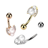 Surgical Steel Belly Ring With Double Pearl & CZ Horseshoe