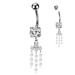 Prong Set CZ & Pearl Chandelier Dangle Belly Button Ring